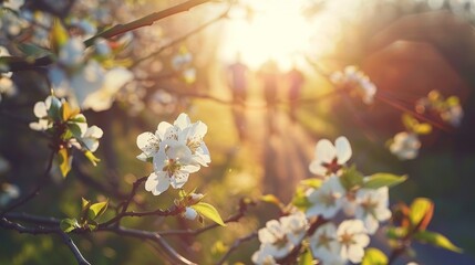 Fototapeta premium Enjoying a warm spring day people jogging and biking along a flower lined trail