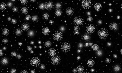 A seamless pattern featuring delicate white snowflakes and stars on a deep black background. This elegant winter design creates a magical, festive atmosphere, perfect for holiday or seasonal projects.