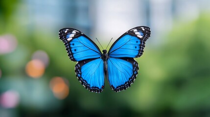 Naklejka premium A high-tech, blue butterfly drone with glowing lights set against a city lights background that's out of focus.