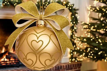 Christmas golden ball with golden hearts on it and golden glitter bow. Christmas tree with lights and cozy fireplace in the background.