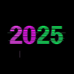 A distorted '2025' text with glitch effects, pixelated edges, and RGB separation, placed on a dark background with subtle static and circuit elements."