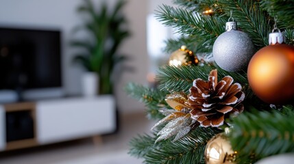 A closeup view showcases Christmas ornaments including silver and gold pine cones gently dusted with snow, set against a blurred, modern living room backdrop.