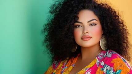 Fototapeta premium A confident woman with bold, voluminous curly hair, wearing vibrant floral clothing and statement earrings against a colorful backdrop.