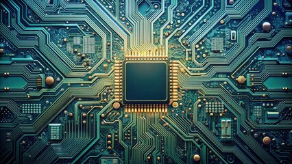 Fototapeta premium Top view of intricate circuit board , technology, electronics, motherboard, computer, hardware, engineering
