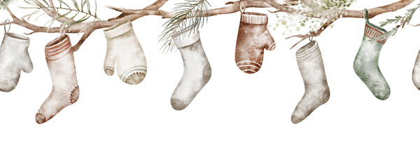 Christmas horizontal seamless border with hanging decorations. Hand drawn Xmas vintage banner. Old-fashioned socks, mitten, on an isolated background. Holiday winter collection for print, card.