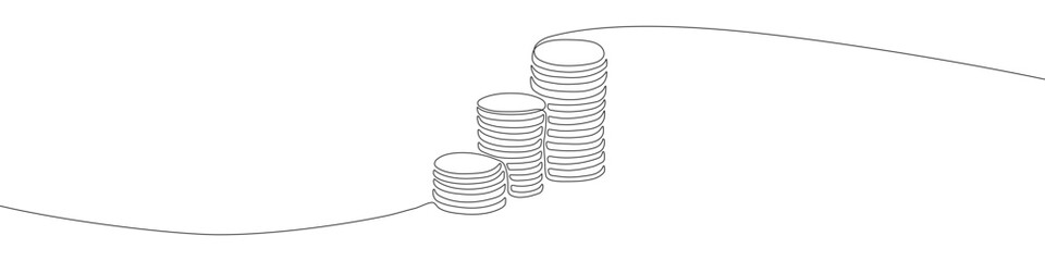 Three stacks of coins from smaller to larger. Increasing budgets, revenues, cash outlays. Money continuous line drawing vector illustration