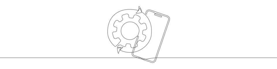 Mobile phone upgrade, update, repair continuous line drawing vector illustration. Setting symbol
