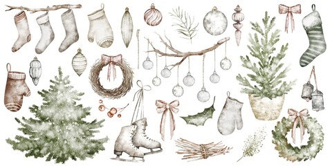 Watercolor Christmas vintage clip art. Hand drawn Xmas set decoration. Socks, skates, toy, Сhristmas tree, mittens on an isolated background. Holiday winter collection for print, card.