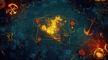 Obraz premium Bold treasure map glowing with pirate symbols and swirling light effects