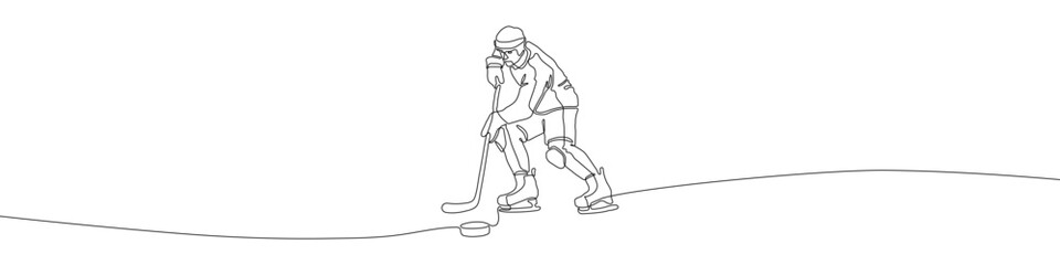 Ice Hockey player continuous line drawing vector illustration. Hockey line art symbol