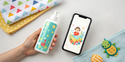 Colorful baby bath time essentials with phone displaying a cute cartoon