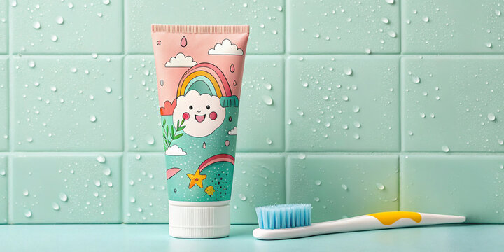 Colorful kids' toothpaste in cute packaging with toothbrush on wet tiled surface