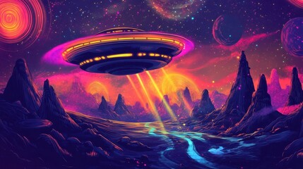 Dynamic saucer with glowing beams and swirling cosmic light textures