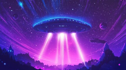 UFO glowing with bold neon beams hovering over swirling cosmic textures