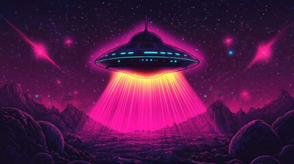 Vibrant UFO glowing with neon lights amid cosmic starry background patterns