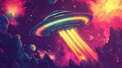 Dynamic UFO glowing with vibrant lasers in a cosmic starry background