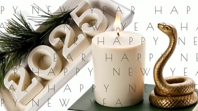 2025 HAPPY NEW YEAR. Loop animation with black text movement on white background with 3d date 2025 and snake symbol of year. Seamless holiday footage creeping line for congratulation and celebration.
