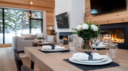 A tastefully arranged dining table with elegant place settings in a modern wooden interior, highlighting a warm fireplace and a stylish living area background.