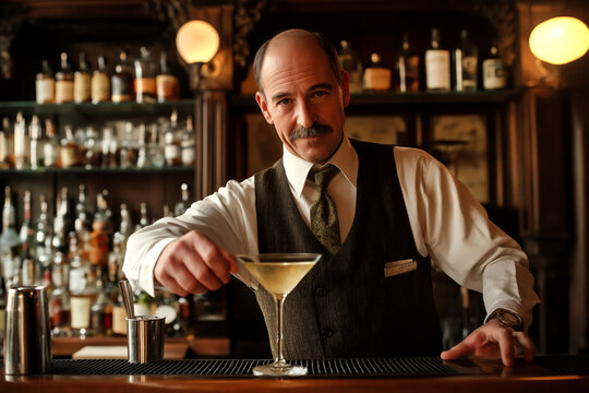 Old-fashioned bartender serving a freshly made martini in a 1920s speakeasy-inspired bar.