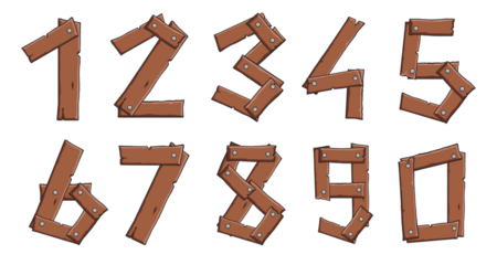 Set of isolated, basic numbers made of wooden planks drawn in comic style