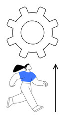Woman walking confidently below a large gear. Upward arrow symbolizes progress ambition, innovation. Ideal for empowerment, career advancement, personal growth, technology, motivation, perseverance