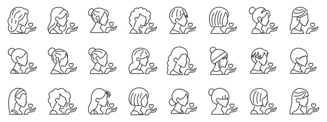 Woman air kiss icons set. Different women holding small hearts, sending love and affection