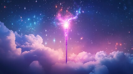 Naklejka premium Wand glowing with neon accents and pastel starry patterns in magical tones