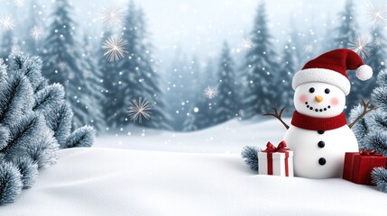 Fototapeta premium A cheerful snowman wearing a red scarf and hat stands in a snowy forest holding a wrapped gift, while colorful fireworks burst in the night sky above