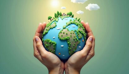 Hands holding a miniature globe with green landscapes and colorful features, symbolizing Earth care