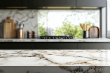 Empty white kitchen marble with modern kitchen background for product display, food photography