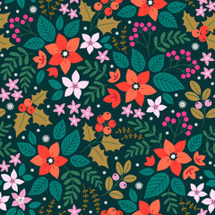 Christmas and Happy New Year seamless pattern with flowers.  Christmas floral design pattern with winter branches, flowers, leaves, spruce, mistletoe, poinsettia, berries. Retro style. Vector template