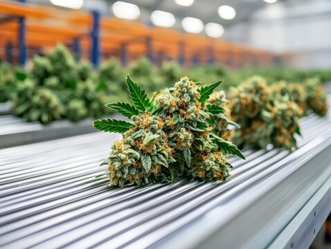 Close-up of freshly harvested cannabis buds on a metal processing table in a modern facility, showcasing cultivation and production.