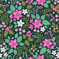 Christmas seamless pattern with Pine tree. Holiday background for greeting cards, wrapping papers. Winter floral background. Colorful pattern with  floral Happy New Year elements on a blue background.