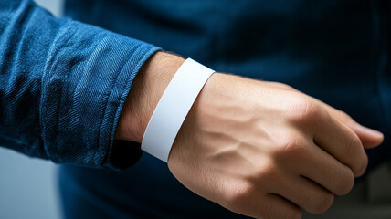 Close-up of a white paper event bracelet on a male wrist. - mockup template for an event.
