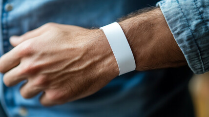 Close-up of a white paper event bracelet on a male wrist. - mockup template for an event.