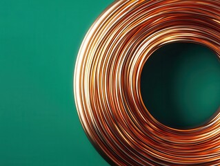 Close-up of a neatly coiled copper wire against a vibrant green background, symbolizing industry, conductivity, and electrical materials.