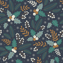 Christmas and Happy New Year seamless pattern with flowers.  Christmas floral design pattern with winter branches, flowers, leaves, spruce, mistletoe, poinsettia, berries. Retro style. Vector template