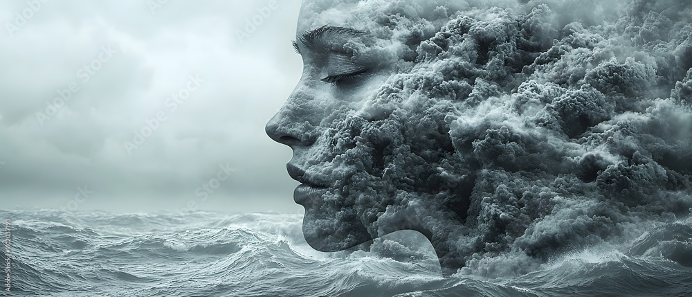 Poster ethereal portrait of a woman merging with a stormy ocean, capturing the intricacies of nature and em