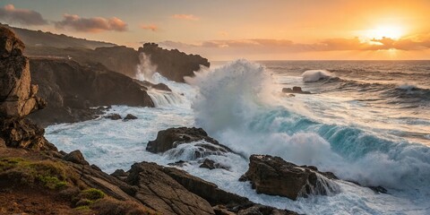 Obraz premium The ocean's power is revealed as it crashes against a rugged rocky coastline at sunset, ocean wave, rugged shoreline, beach scenery, sunset wave crash