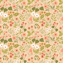 Vintage seamless floral pattern. Liberty style background of small pastel flowers. Small blooming flowers scattered over a light peach background. Stock vector for printing on surfaces and web design.