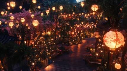 Fototapeta premium Illuminated pathway through a magical, lantern-lit garden at night.