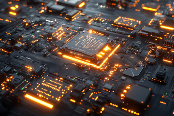 Obraz premium High-Tech Circuit Board with Orange Glow