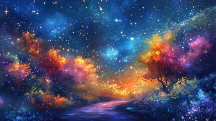 Naklejka premium Magical colorful forest path under a vibrant starry night sky.