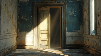 Sunlit doorway in a decaying, antique room with peeling paint and aged wood.