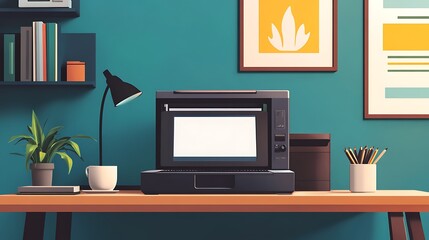 Modern Home Office Workspace With Printer And Desk Lamp