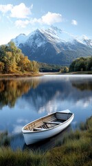 Obraz premium A small white boat is anchored at the edge of a calm lake, reflecting the autumn colors of surrounding trees and majestic snow-capped mountains in the background