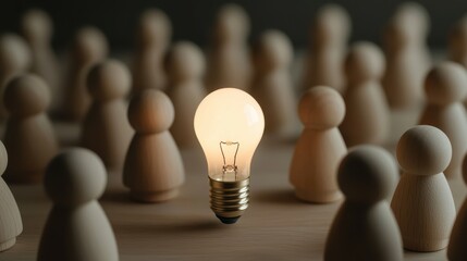 glowing lightbulb illuminates circle of wooden figures, symbolizing ideas and inspiration. warm light creates thoughtful atmosphere