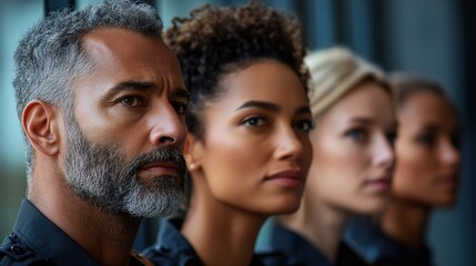 Obraz premium Diverse team of Police professionals are standing in profile