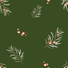 Christmas watercolor pattern with holly red berries and sprigs of rosemary on green background. Simple Seamless ornament with plant details and leaves for New Year design. Drawing of textile ornament.