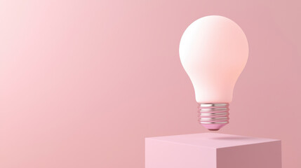 3D rendering of light bulb hovering above pink cube, creating modern and minimalistic aesthetic. soft colors evoke sense of calm and creativity